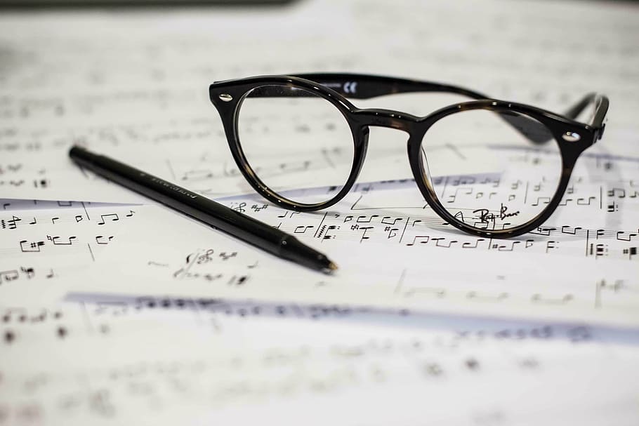 black framed eyeglasses beside black pen, music, sheet music, HD wallpaper