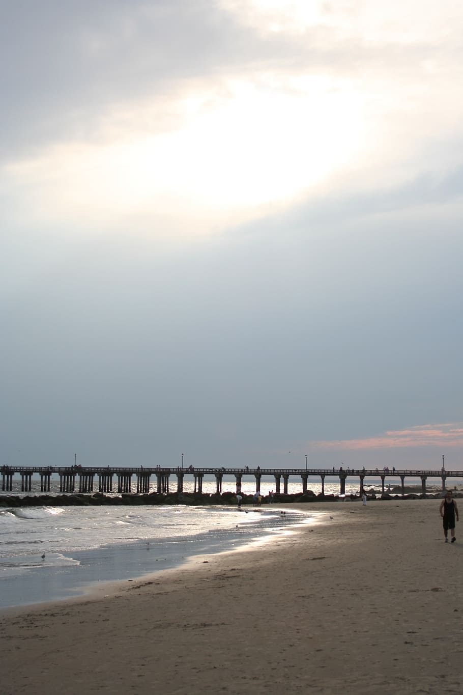 beach, pier, bridge, water, sunset, america, evening sky, usa HD wallpaper