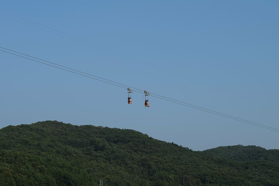 sky, blue, mountain, man, lift, island, connection, cable, high HD wallpaper