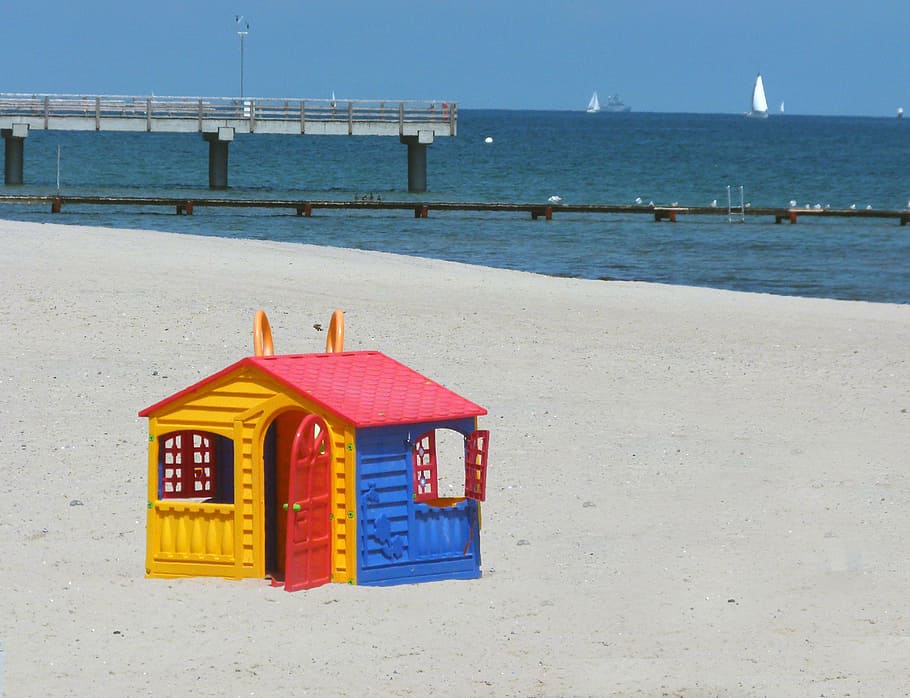 playhouse, children, baltic sea, water, beach, bank, sea bridge, HD wallpaper