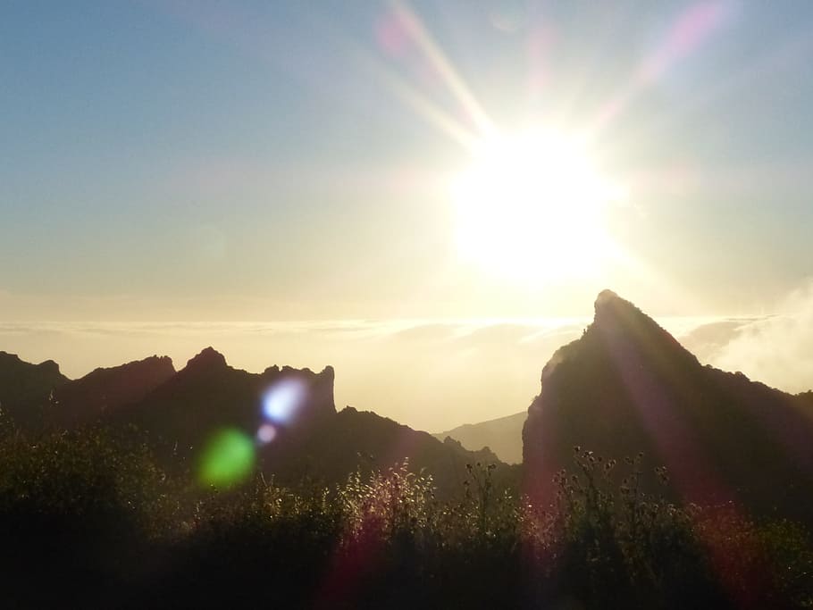 mountain, mountain peak, back light, sun, mountains, tenerife HD wallpaper