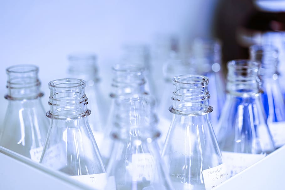 Chemistry bottles in laboratory, various, science, research, scientific Experiment, HD wallpaper