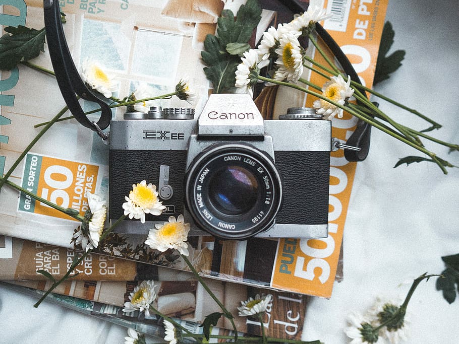 Vintage Style, gray and black Canon Exee SLR camera beside white petaled flowers