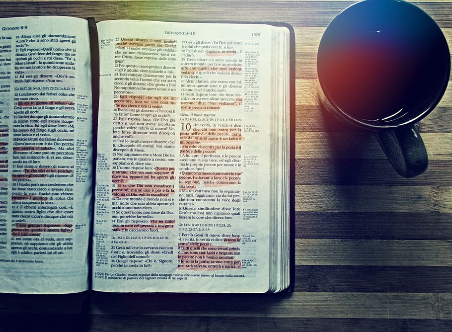 opened bible book with highlighted verses beside black ceramic mug, HD wallpaper