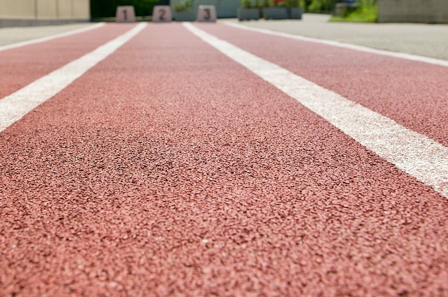 close-up photography of brown and white line road, Plastic, Tartan Track