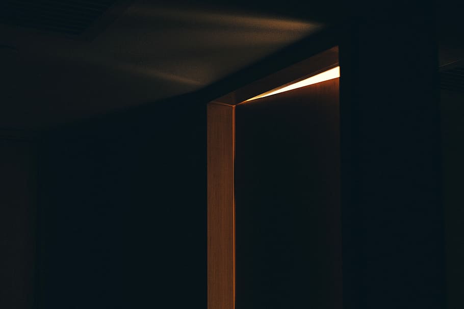 brown wooden door, lights coming from room, dark, background HD wallpaper