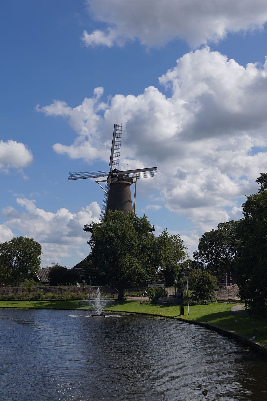 clouds, windmill, leiden, holland, the netherlands, dutch, sky