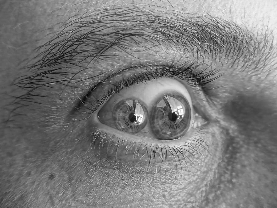 human eye macro shot photo, eyes, double view, black and white