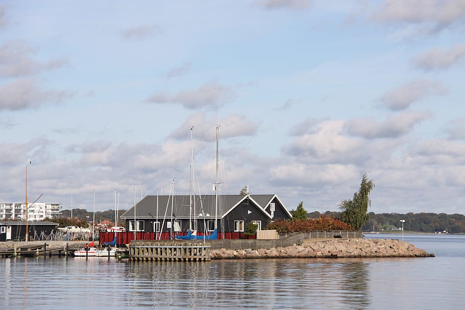 port, sea, house, clubhouse, the marina office, denmark, water, HD wallpaper