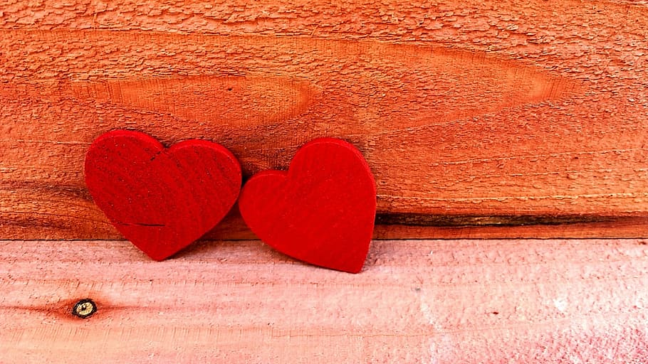 photo of two red heart wooden decors, hearts, love, symbol, romance, HD wallpaper