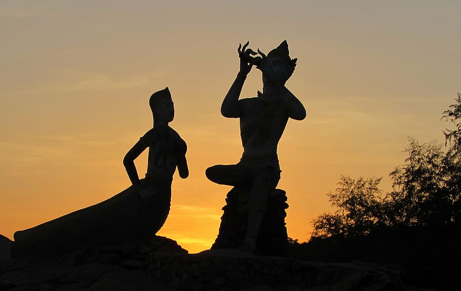sunset, sculpture, shadows, sky, landscape, paradise, sunny HD wallpaper