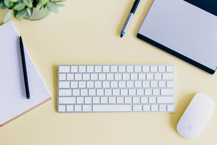 white Apple mouse near magic keyboard, desk, office, pen, table HD wallpaper
