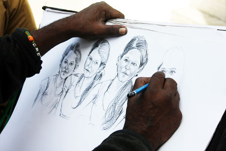 person sketch four girls, Pencil, Sketch, Artist, sketching, artistic