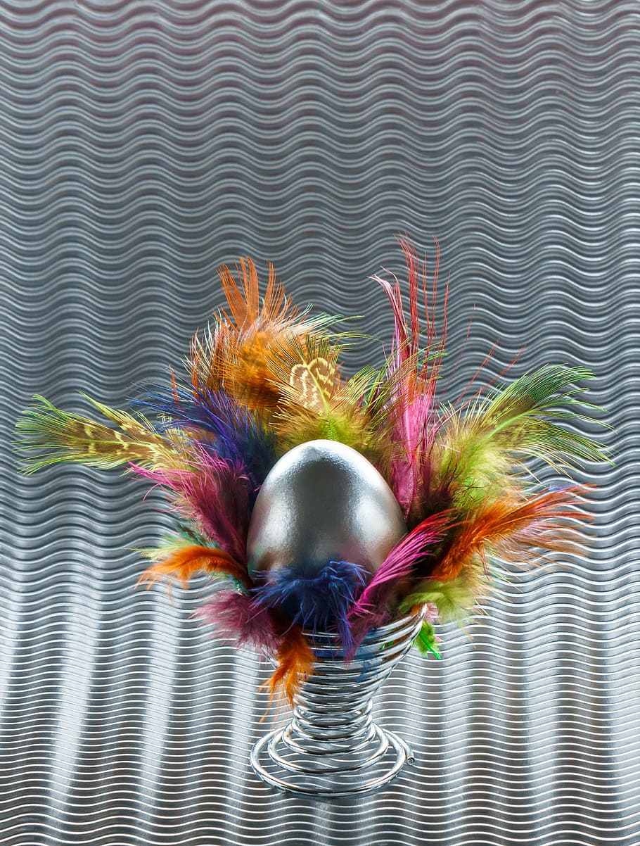 easter, egg, easter egg, color feather, spring, metal, no people HD wallpaper