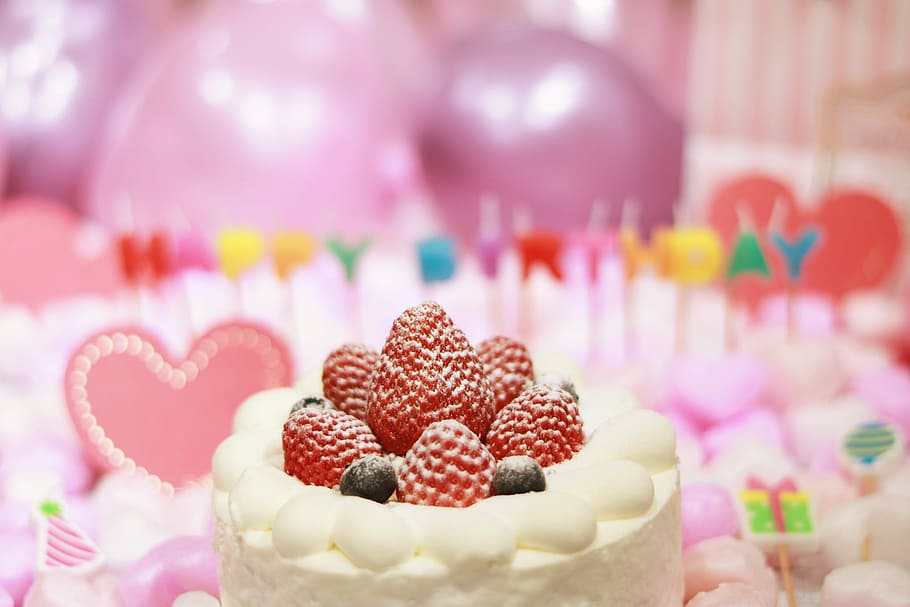 red strawberry toppings baked birthday cake, dessert, food, sweet Food, HD wallpaper
