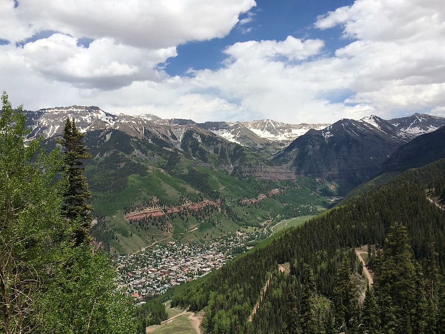mountains, valley, sky, clouds, trees, nature, landscape, scenic HD wallpaper
