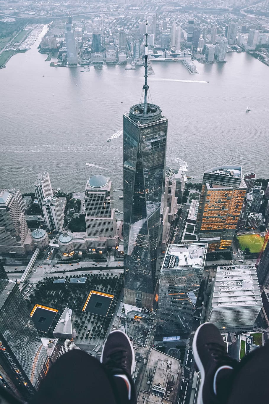 person laying on building, aerial photography of New World Trade Center, New York HD wallpaper