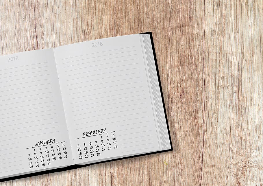 white notebook with calendar, 2018, date, year, day, week, days of the week HD wallpaper
