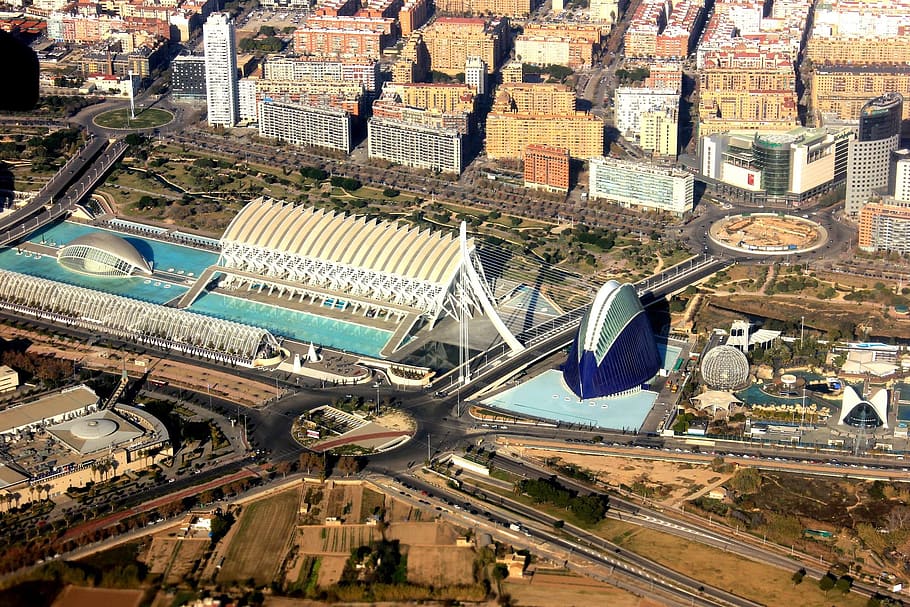 aerial view of city during daytime, arts, science, spain, valencia