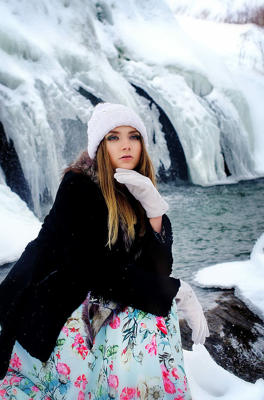 woman resting arm on leg near iceberg during daytime, snow HD wallpaper
