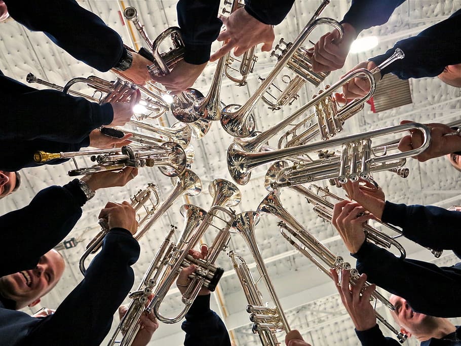 group of band holding trumpets, air force, instruments, raised HD wallpaper