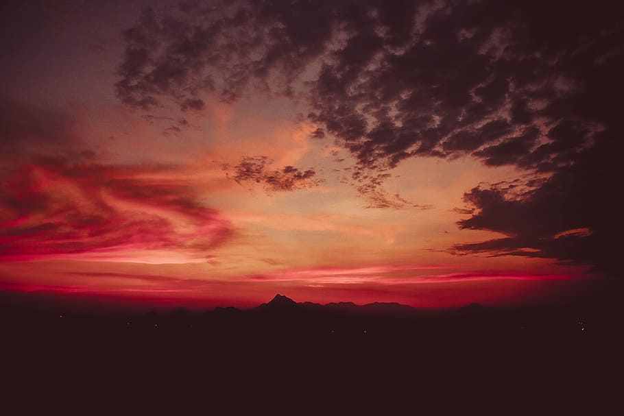 silhouette of mountains during sunset, silhouette photo during sunset HD wallpaper