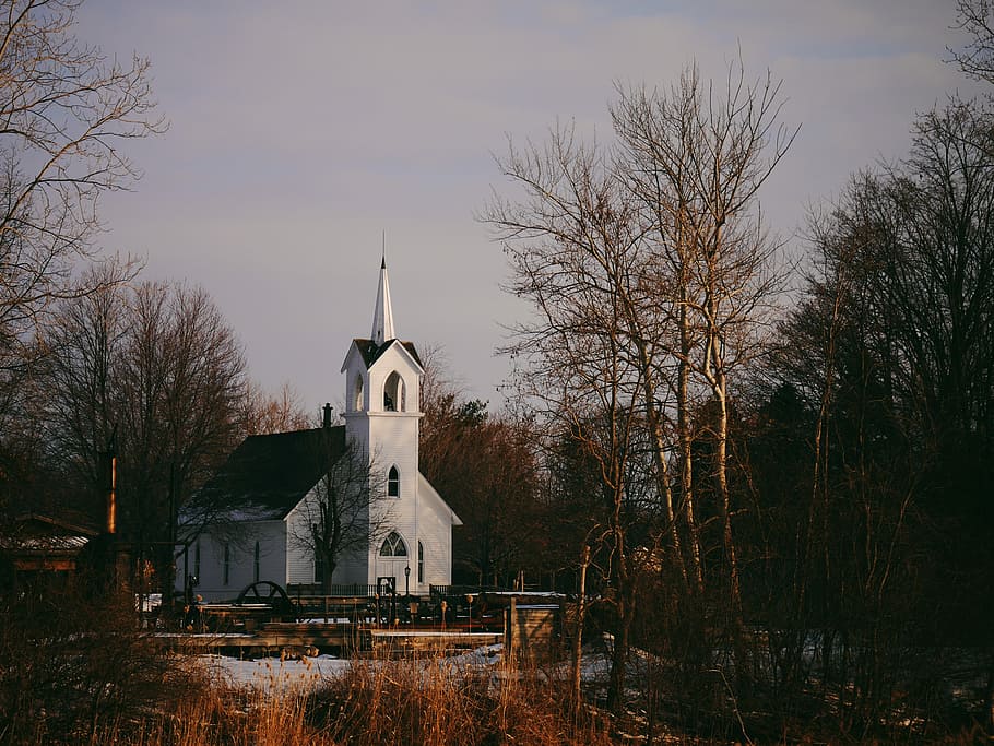 white church near trees at daytime, white concrete church, winter HD wallpaper