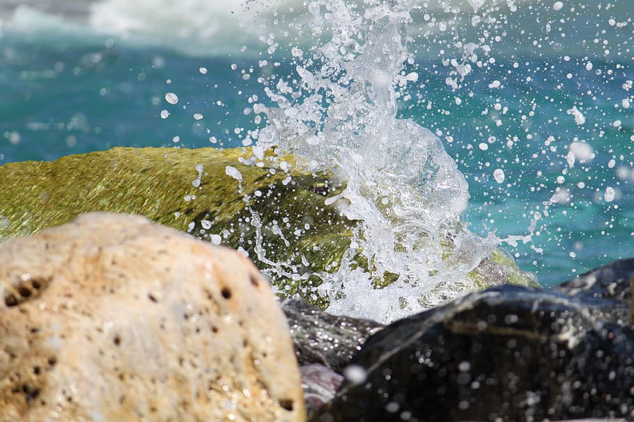 stone, water, sea, motion, splashing, rock, solid, nature, wave HD wallpaper