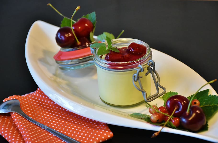 photo of air-tight jar filled with red cherry in white boat bowl HD wallpaper