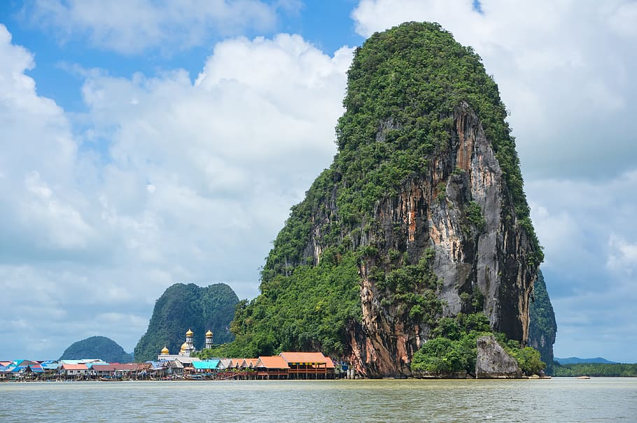 rock mountain covered with trees, phang nga bay, limestone cliff