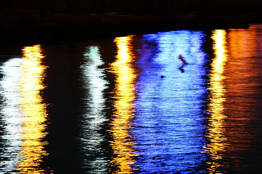 reflections, evening, colors, night, lights, docks, light reflections HD wallpaper