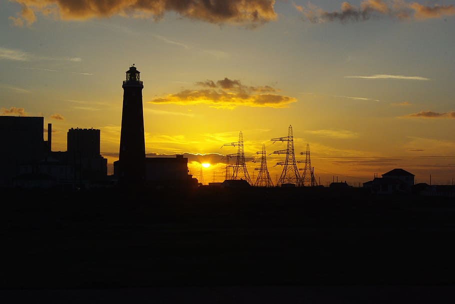 sunset, lighthouse, dungeness, romney marsh, kent, power station HD wallpaper