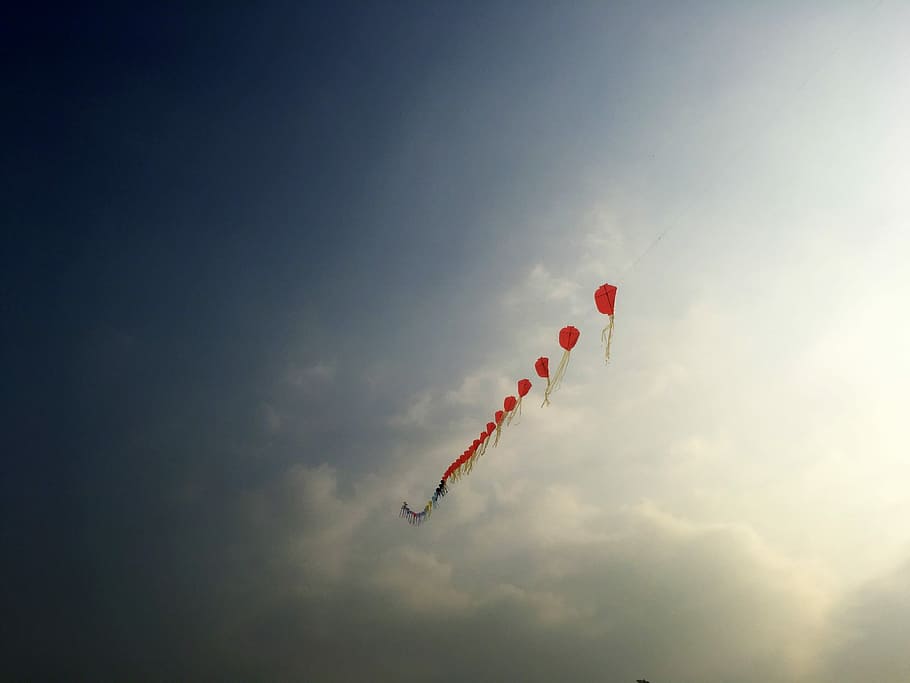 fy, red, kite, flying, sky, cloud - sky, low angle view, air vehicle HD wallpaper