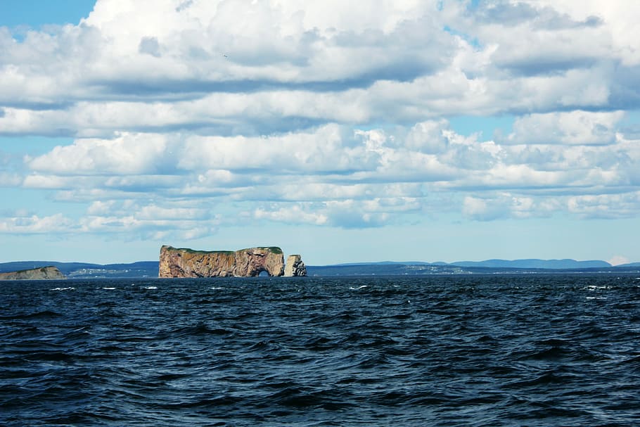 Gaspesie, Sea, Cloud, Sky, Blue, pierced rock, nature, landscape HD wallpaper