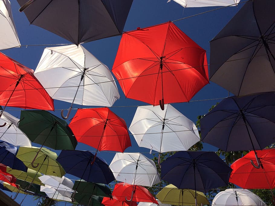 sunshade, shadow, heat, summer, blue, color, beach, sky, yellow HD wallpaper