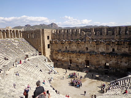 aspendos, amphitheater, turkey, group of people, history, crowd HD wallpaper
