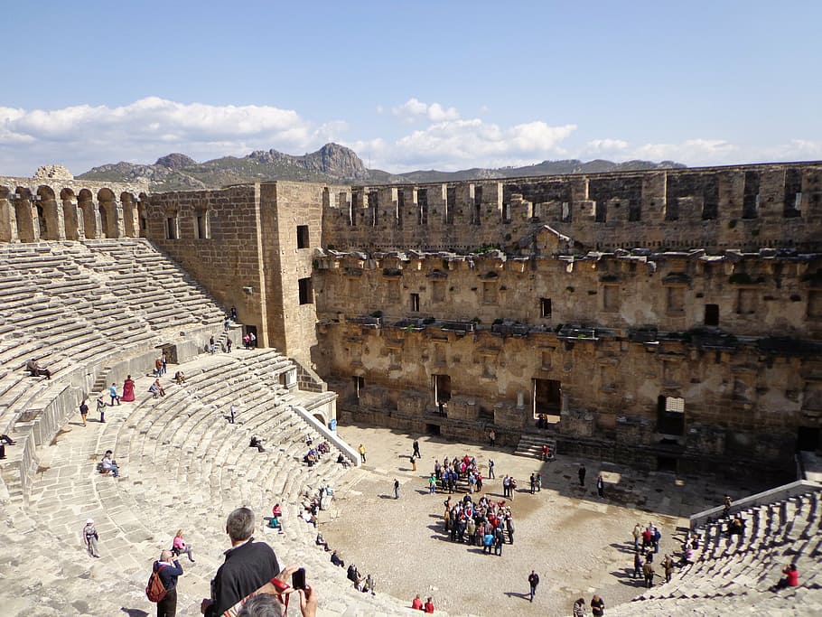 aspendos, amphitheater, turkey, group of people, history, crowd HD wallpaper