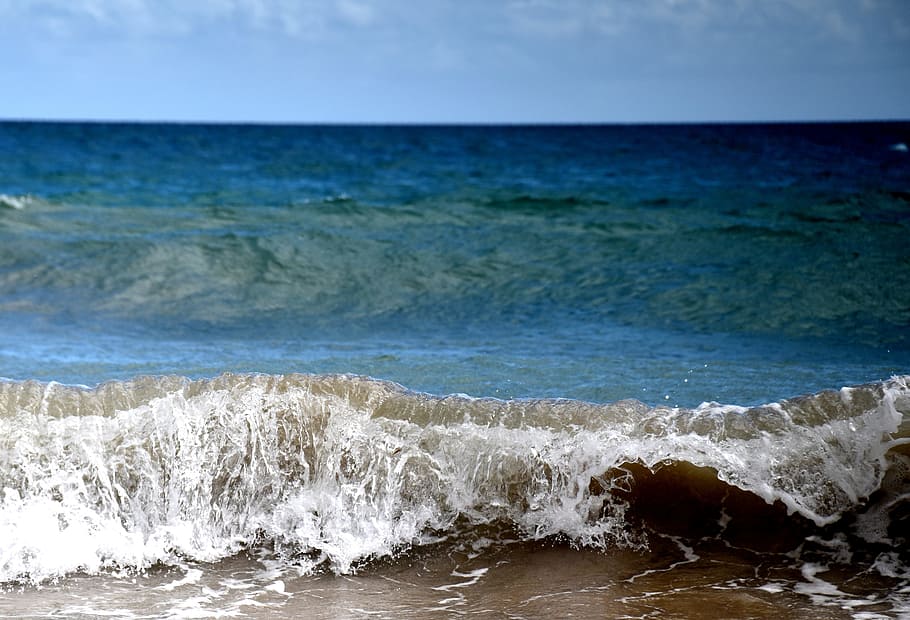 waters, sea, wave, surf, nature, motion, land, beach, horizon HD wallpaper