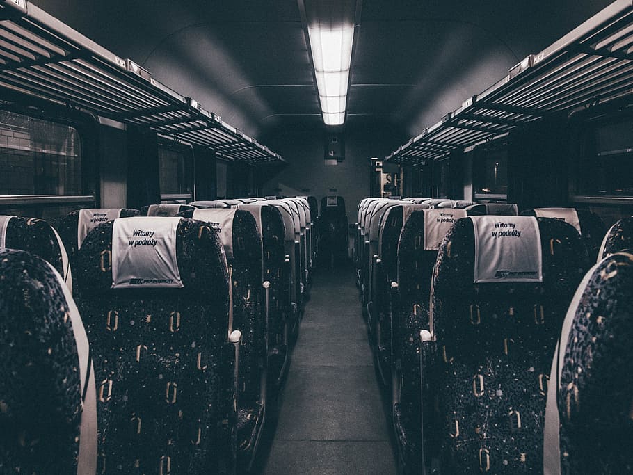 bus, train, transportation, seats, aisle, night, evening, in a row HD wallpaper