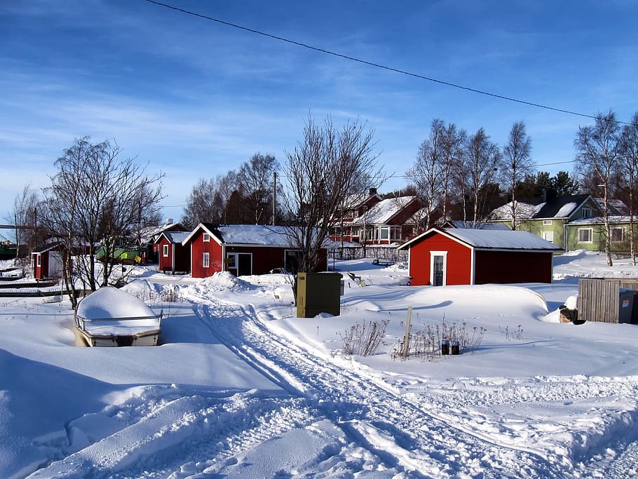 Finland, Fishing Village, Houses, kello, boats, sky, clouds, HD wallpaper
