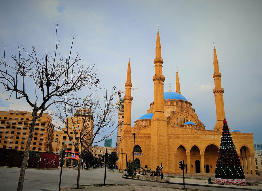gold and blue mosque, mohammad amin mosque, beirut, lebanon, islamic, HD wallpaper
