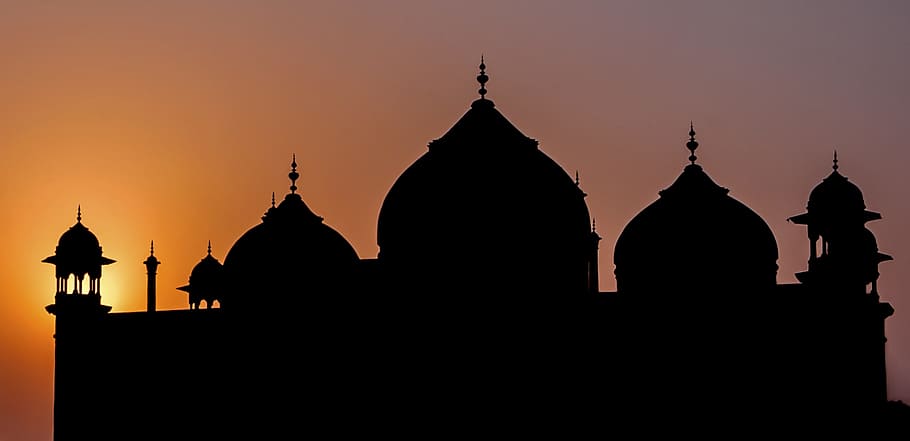 Silhouettes, Sunset, Mosque, India, Agra, sky, setting sun