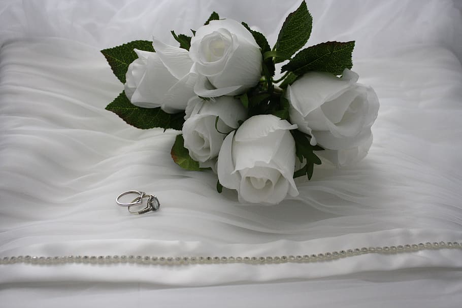 five white rose flowers, bouquet, white roses, rings, engagement ring, HD wallpaper