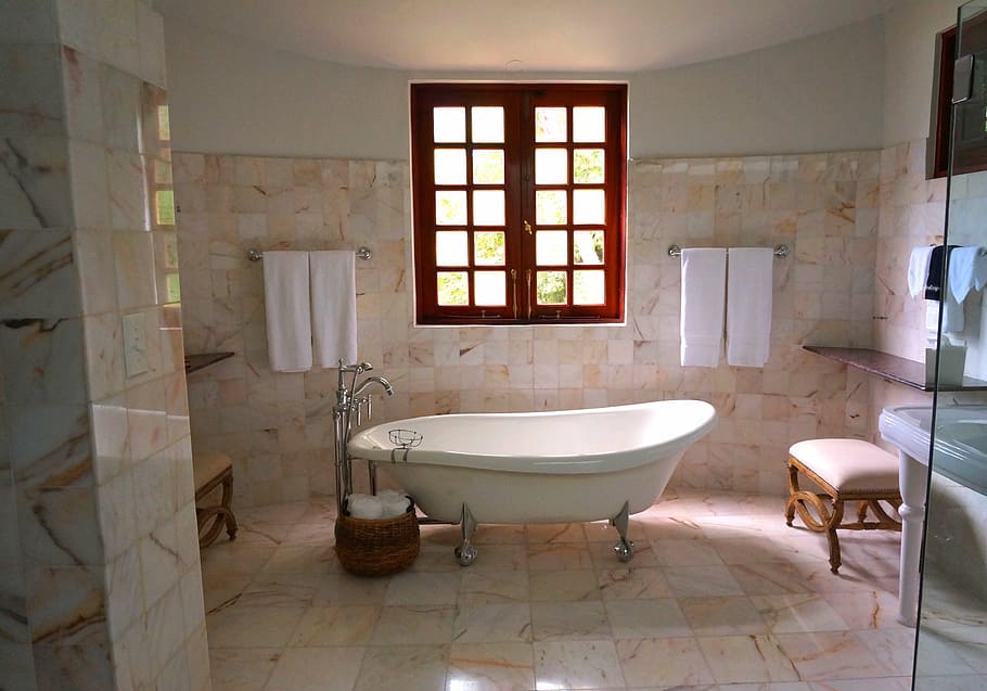 bath, bathroom, bathtub, marble, window, domestic room, domestic bathroom HD wallpaper