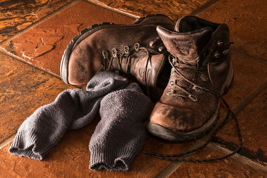 pair of brown leather boots and gray socks on brown tiles, footwear, HD wallpaper