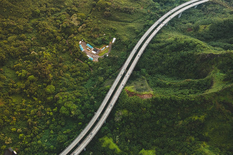 aerial photography of bridge road, aerial photography of 2-lane road between forest at daytime HD wallpaper