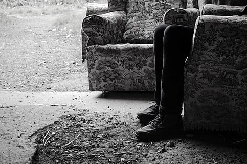 grayscale photo of person sitting on floral armchair, depression HD wallpaper