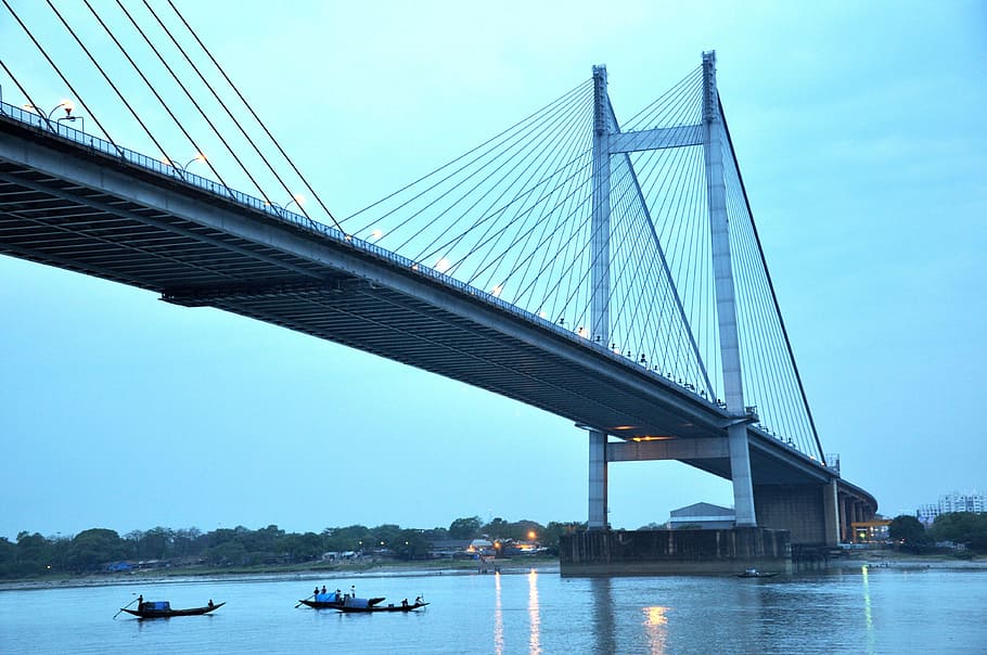 grey bridge with boats under, Calcutta, Kolkata, hooghly, river