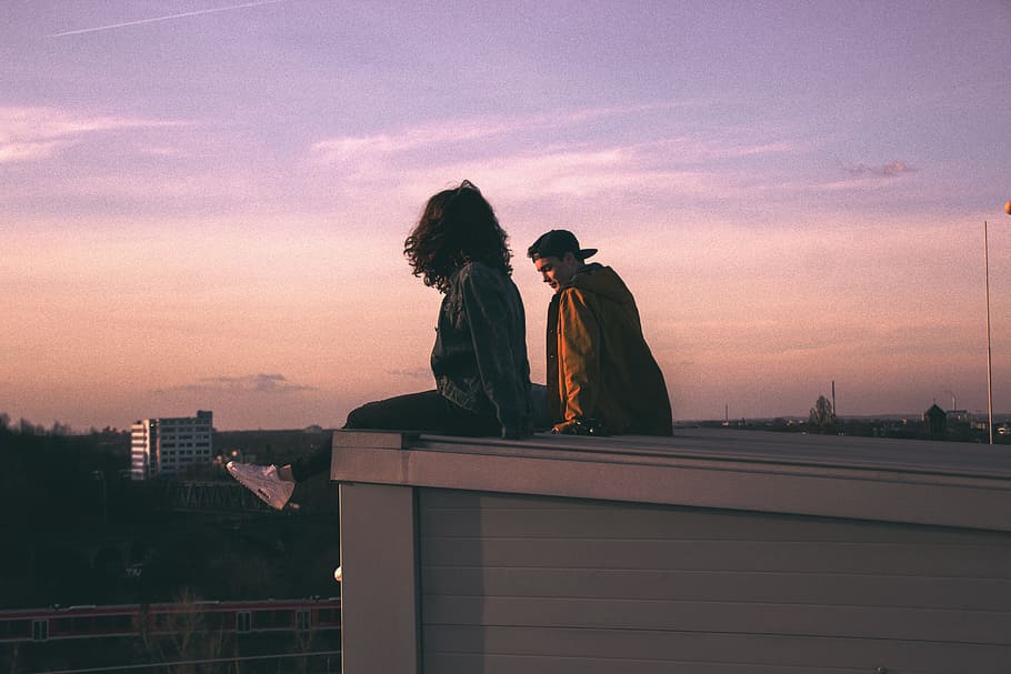 girl and man on roof top, woman, guy, people, couple, love, romance