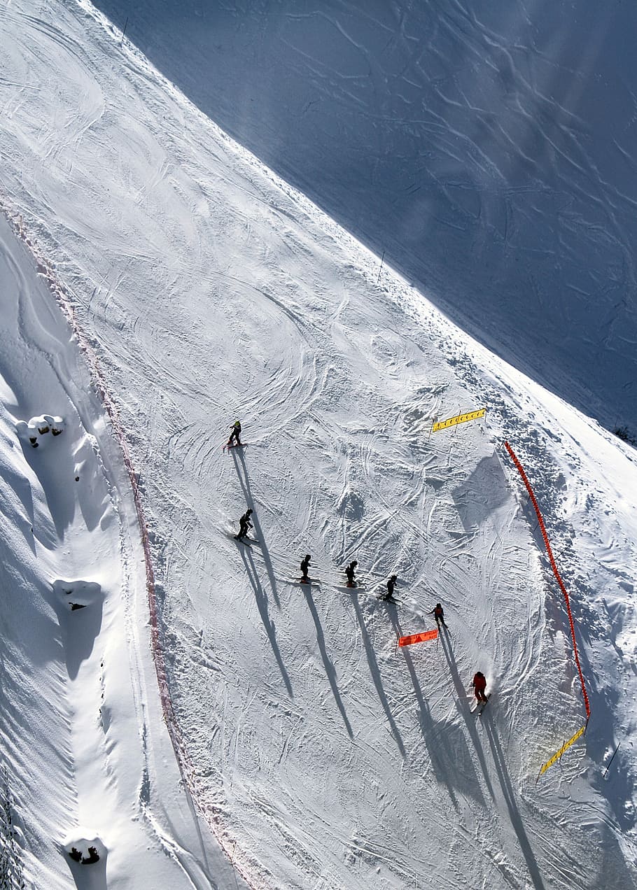 group of people skiing on snow near body of water during daytime HD wallpaper